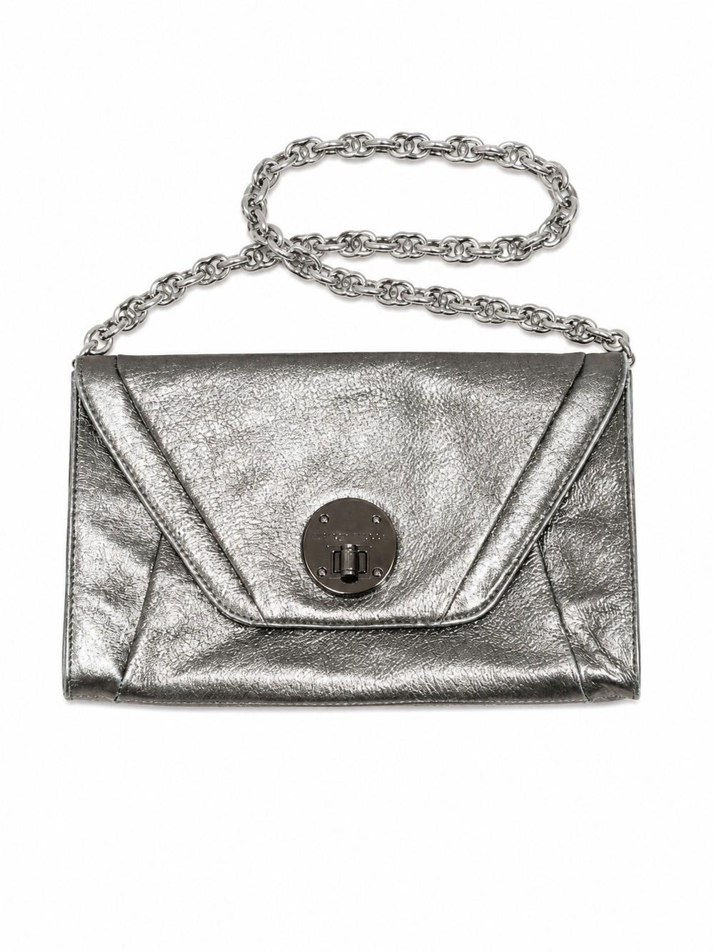Elliott Lucca Metallic Silver Leather Crossbody Bag Bronze Turn-Lock Hardware